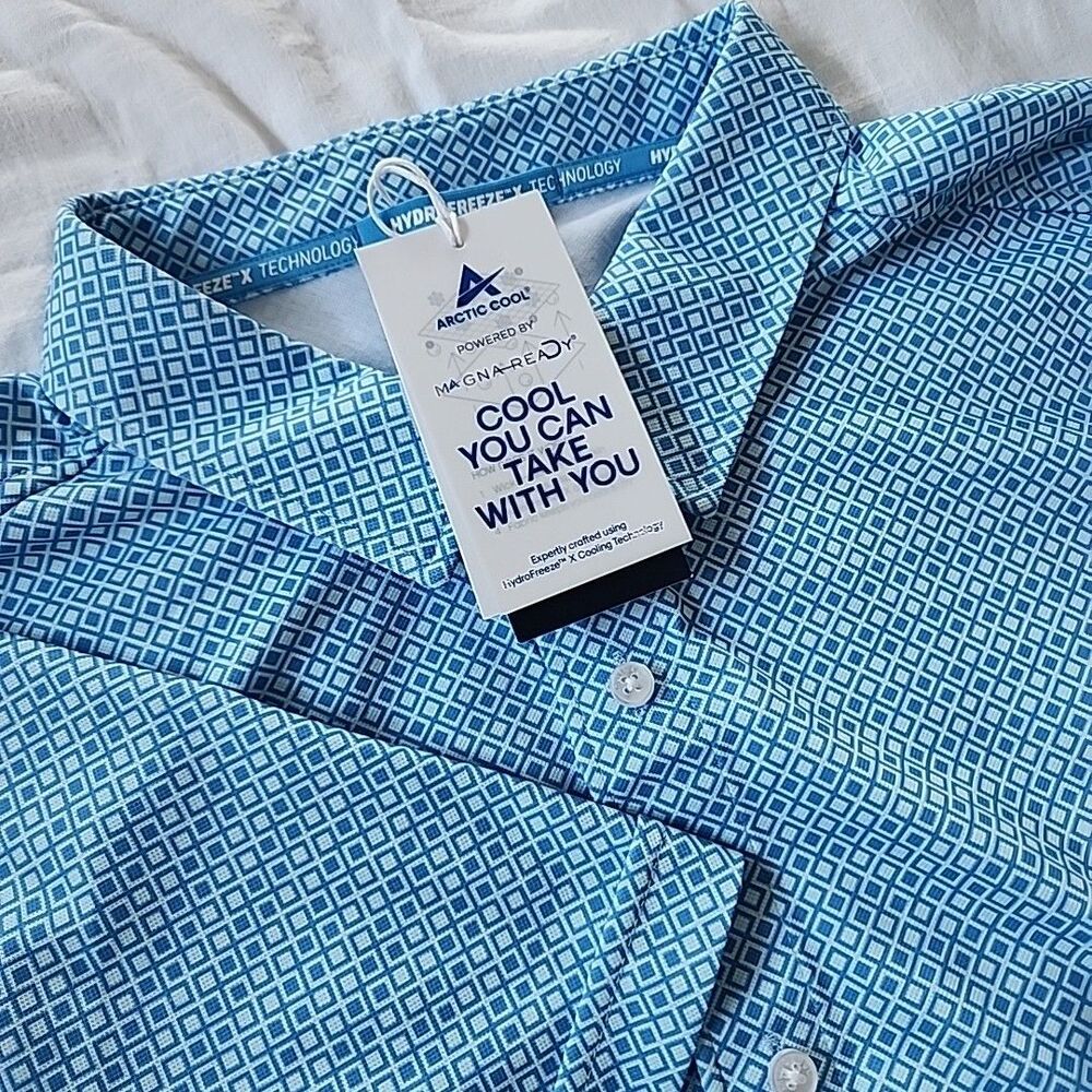 Magna Ready Shirt Mens 2XL Blue Geometric Adaptable Short Sleeve Arctic Cool NWT